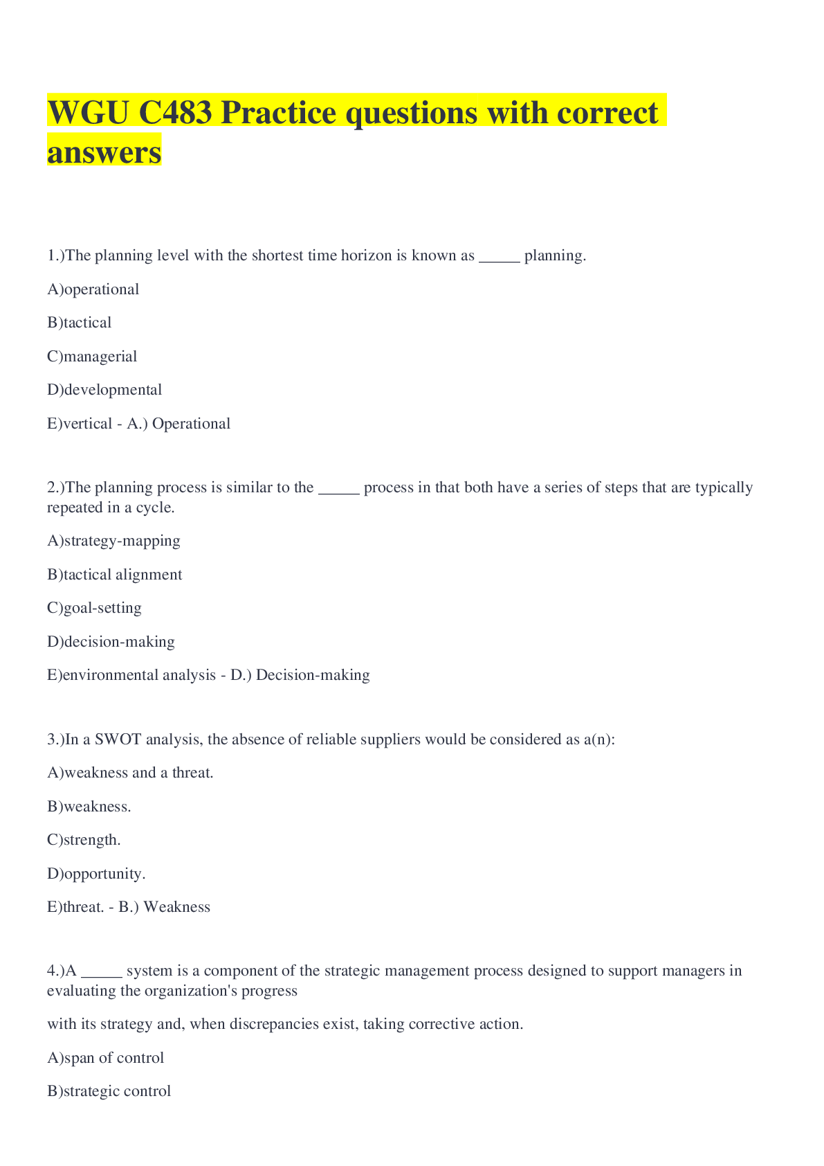 Preview image for WGU C483 Practice questions with correct answers